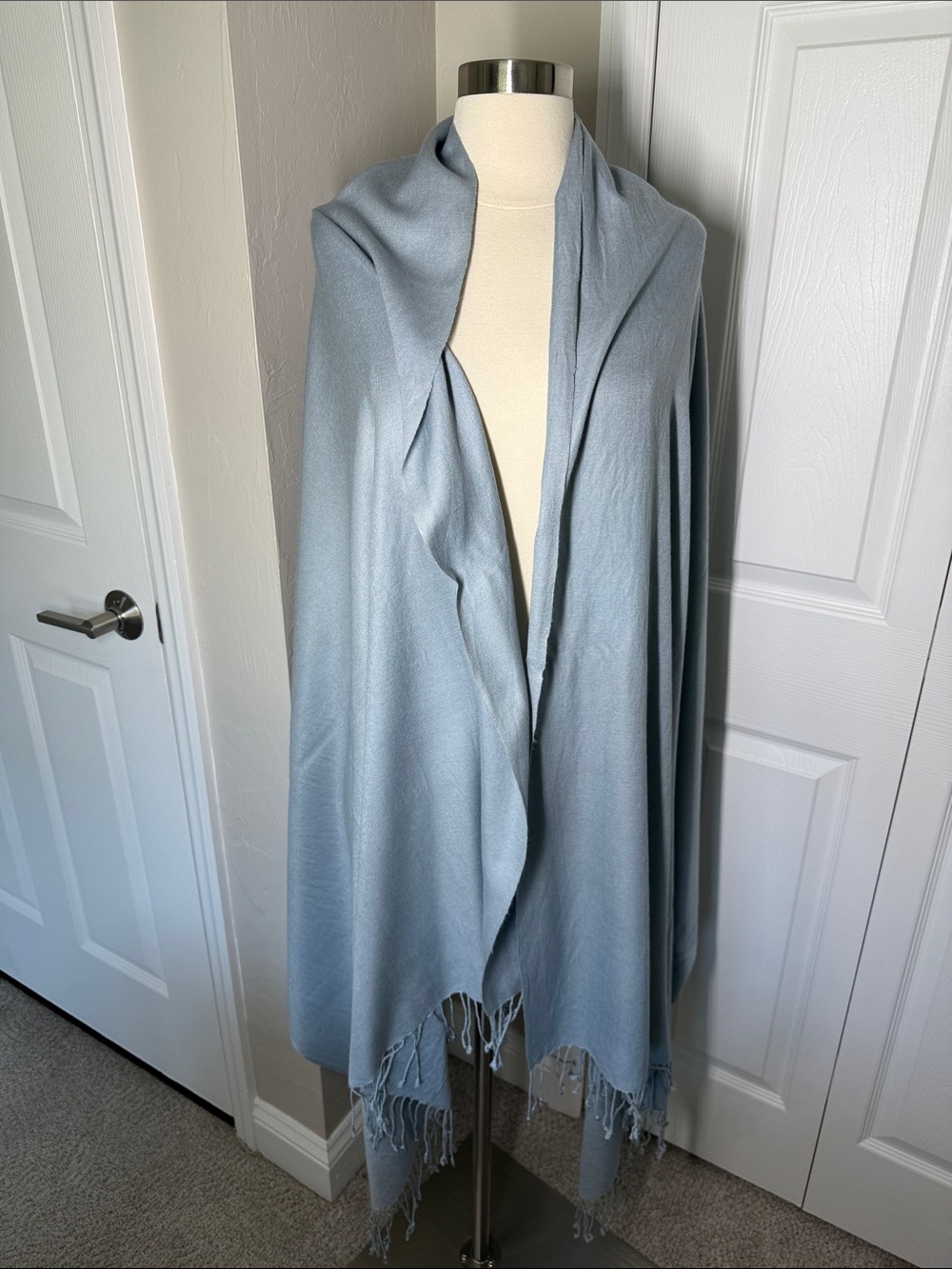Alease Fisher pashmina and silk shawl scarf with corded fringe light blue